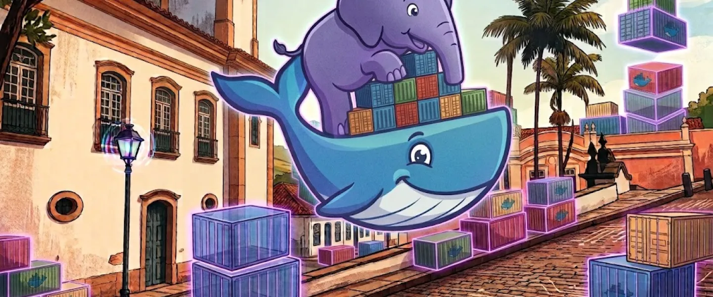 Uma ilustração vibrante em estilo cartoon que combina o patrimônio histórico brasileiro com tecnologia moderna. No centro, uma baleia e um elefante flutuam sobre uma praça colonial inspirada em Ouro Preto, cercados por contêineres coloridos com bordas em neon roxo.